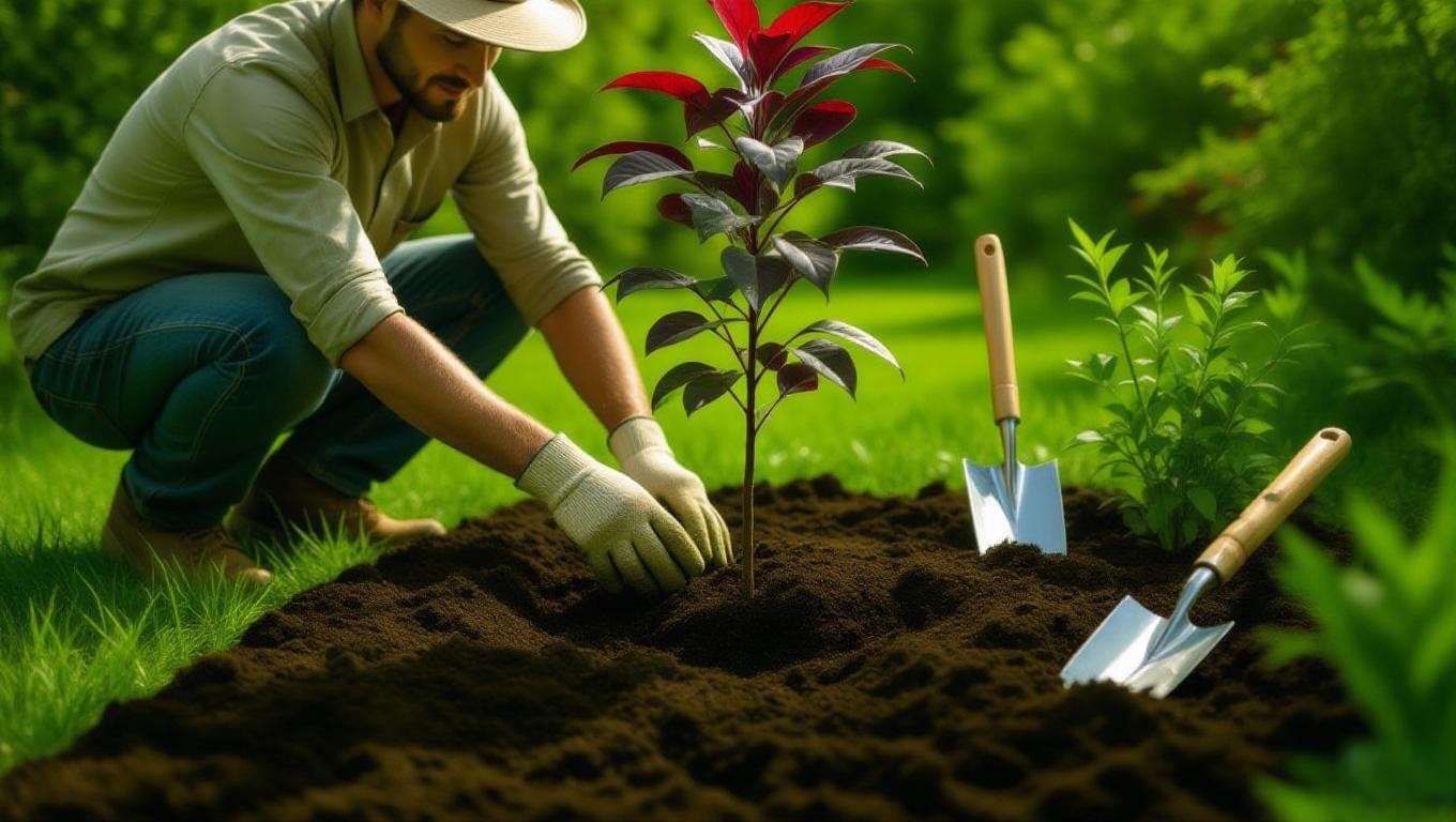 Gardener planting a purple tree with compost and mulch in a garden."
