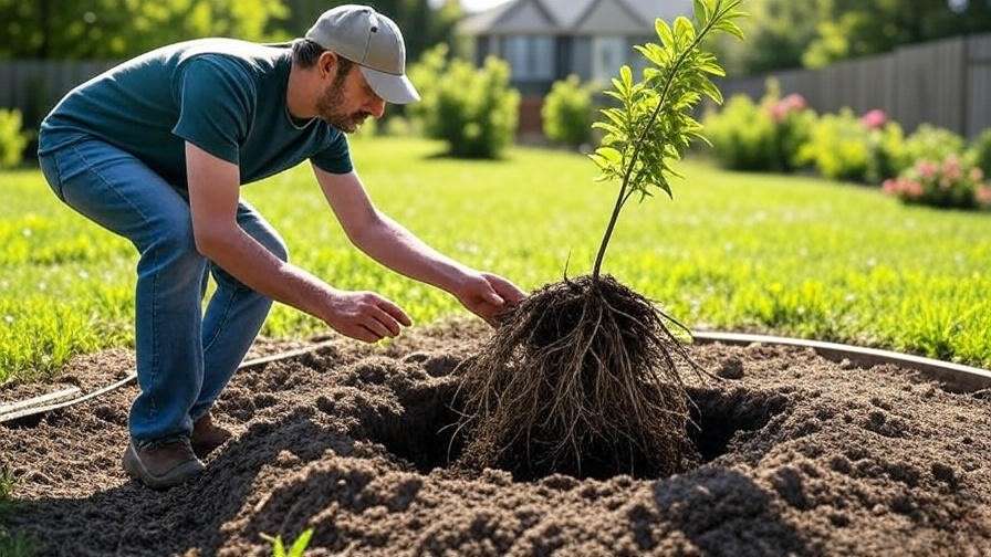 Step-by-step planting of a southern tree with mulch and amended soil in a sunny garden.