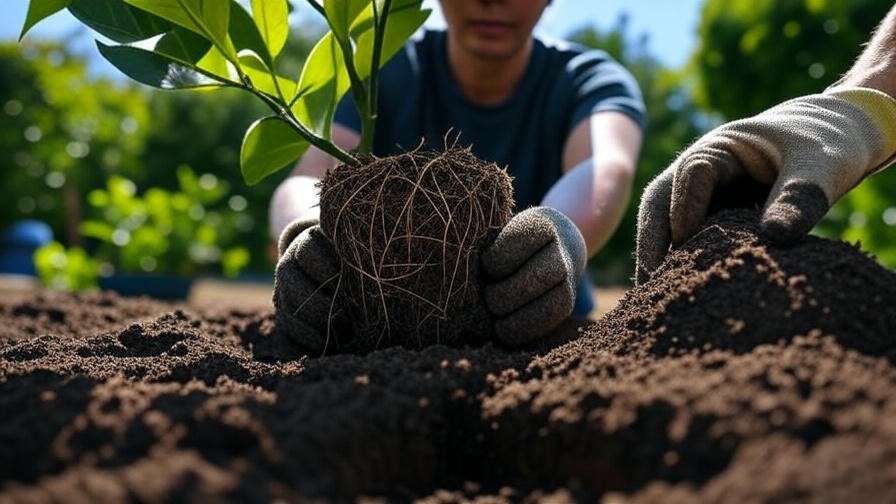 Gardener planting a Lisbon lemon tree in a prepared site with amended soi