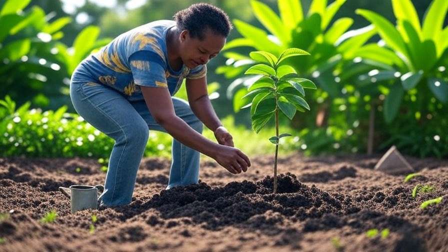 Person planting a young Jamaican cherry tree sapling in loamy soil with watering can in a tropical garden."