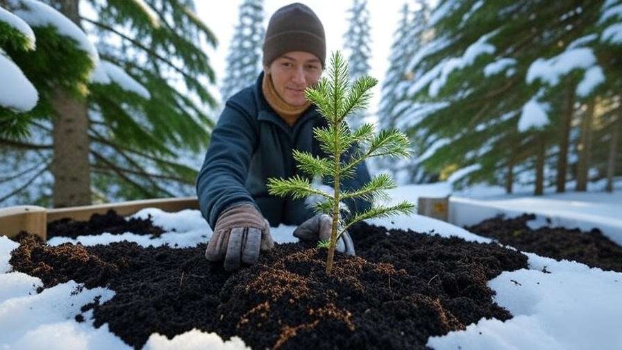 Gardener planting Sitka spruce sapling in raised bed with compost in snowy Alaskan forest."