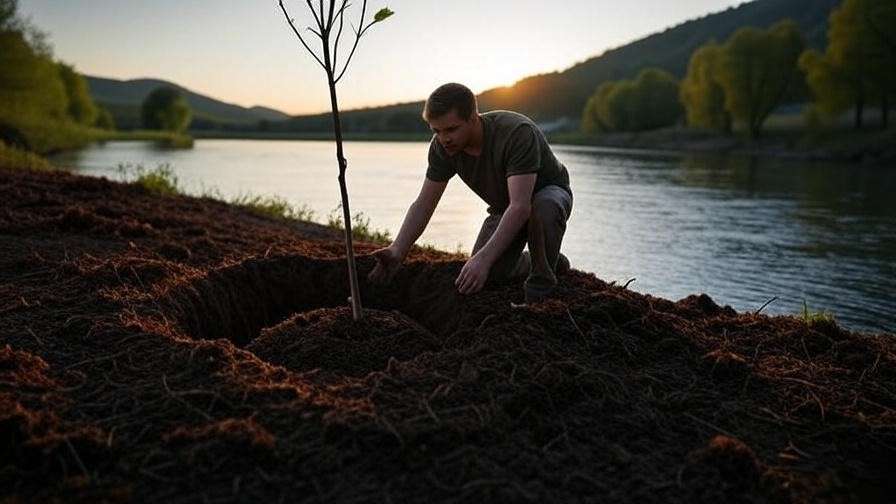 Step-by-step tree planting by the water with mulch and river background".