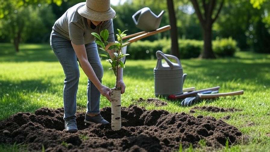 Step-by-step birch tree planting with sapling and mulch in a sunny garden."