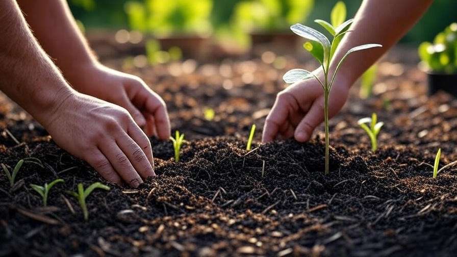 Hands planting terp tree weed saplings with compost and mulch in rich soil."
