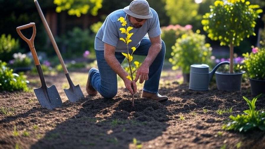 Step-by-step planting of a yellow bloom tree with gardening tools in a sunny garden.