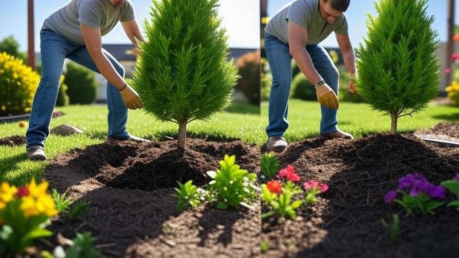 Step-by-step planting of Emerald Green Arborvitae in a small garden."