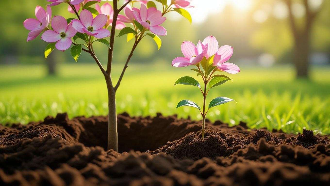 Step-by-step planting of a pink dogwood tree with compost and mulch in a garden"