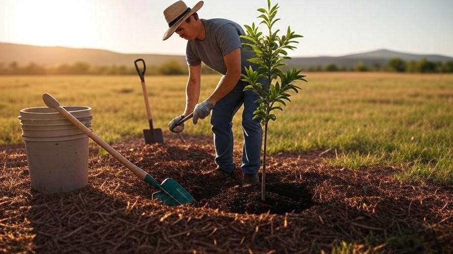 Gardener planting a young Vitex tree in Texas soil with tools and mulch