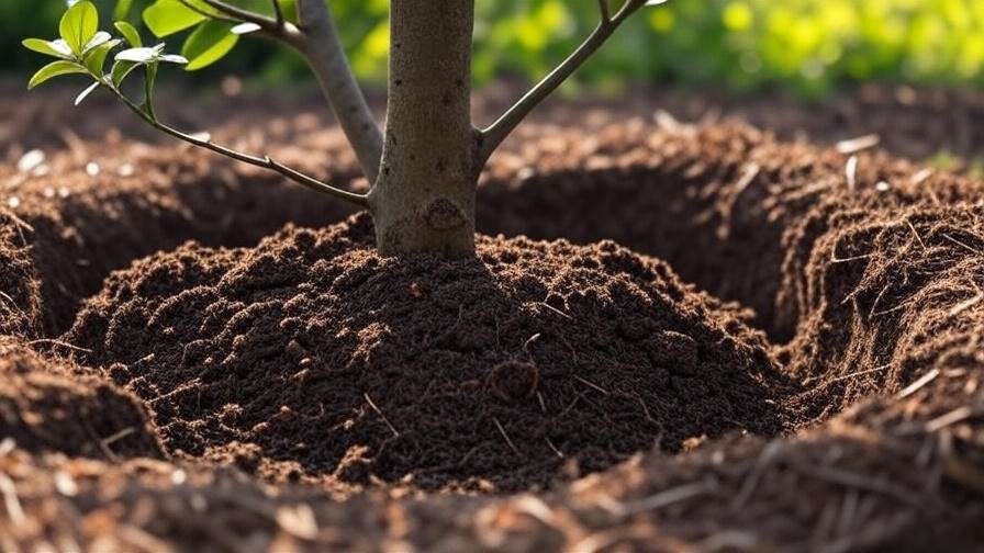 Step-by-step planting of Bearss lime tree with amended soil and mulch in sunny garden."