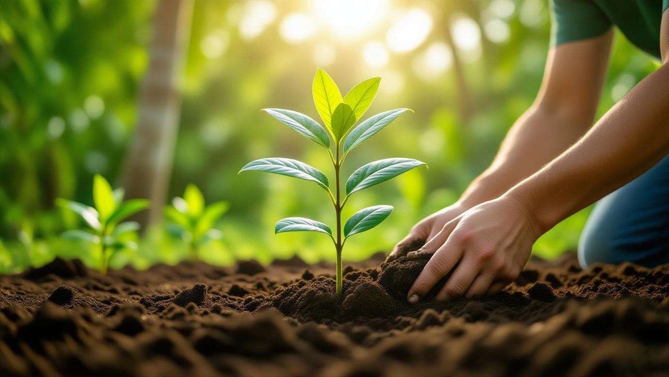 Close-up of a benzoil tree sapling being planted with compost in a tropical garden."