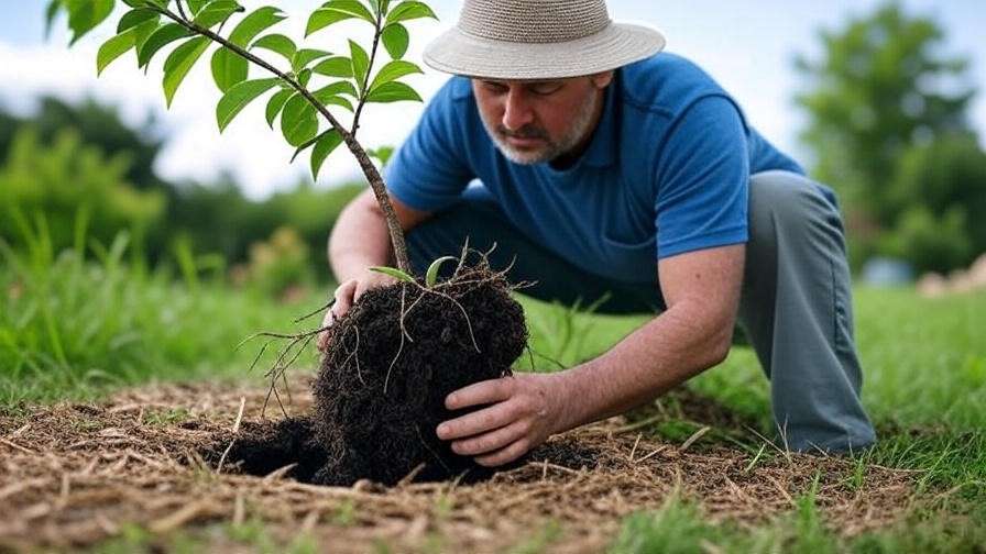 "Step-by-step guide to planting a berries tree with digging, soil amendment, and mulching in a garden."