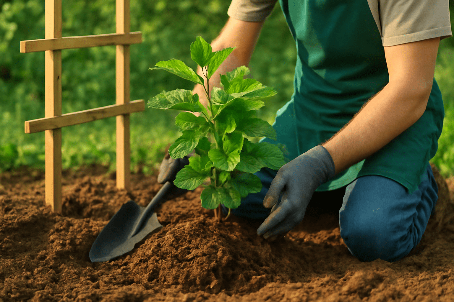 Step-by-step planting of Blackberry Ouachita tree with mulch and trellis in a sunny garden."