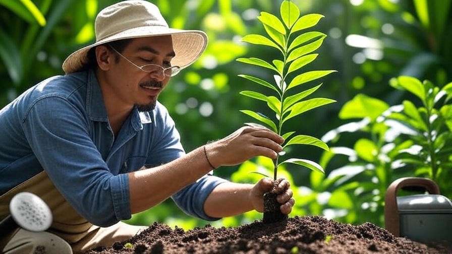 Step-by-step planting of a Bulnesia tree sapling with compost and mulch in a tropical garden.