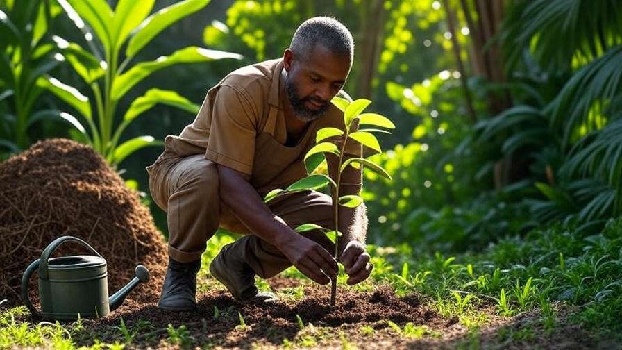 Gardener planting a cinnamon tree sapling with watering can in a lush garden".