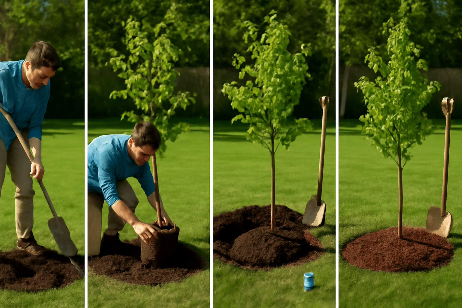 Step-by-step planting of a Cleveland Pear Tree with shovel and mulch in a sunny backyard."