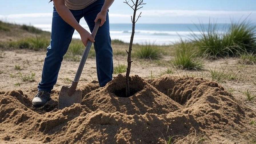 Step-by-step planting of a driftwood tree in a sunny coastal garden with sandy soil