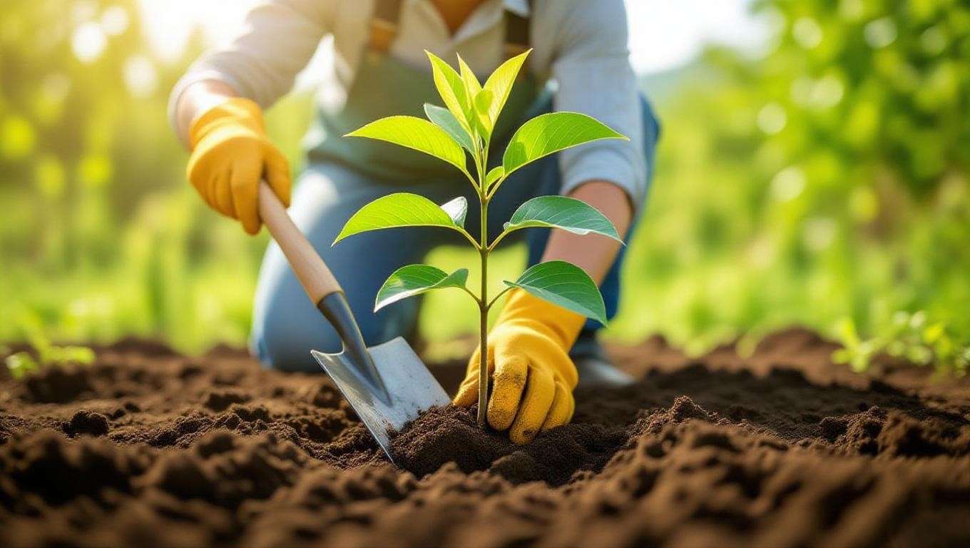 "Gardener planting a young fig tree in well-draining soil with compost in a sunny garden."
