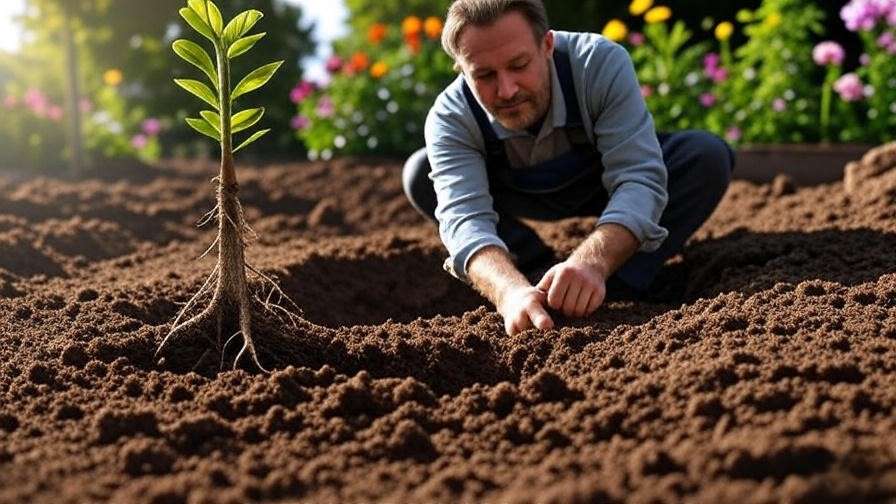Person planting a feather tree with compost in a sunny garden.