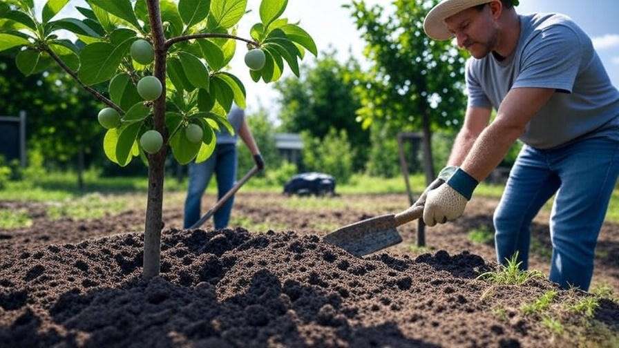 Gardener planting a green plum tree in well-drained soil