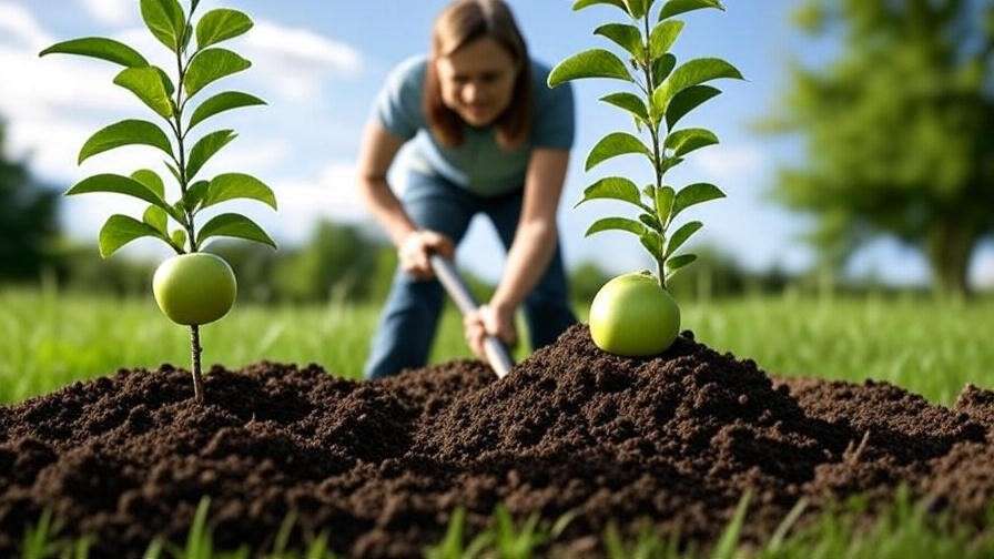 "Gardener planting a young Granny Smith apple tree sapling with shovel and compost in sunny garden."