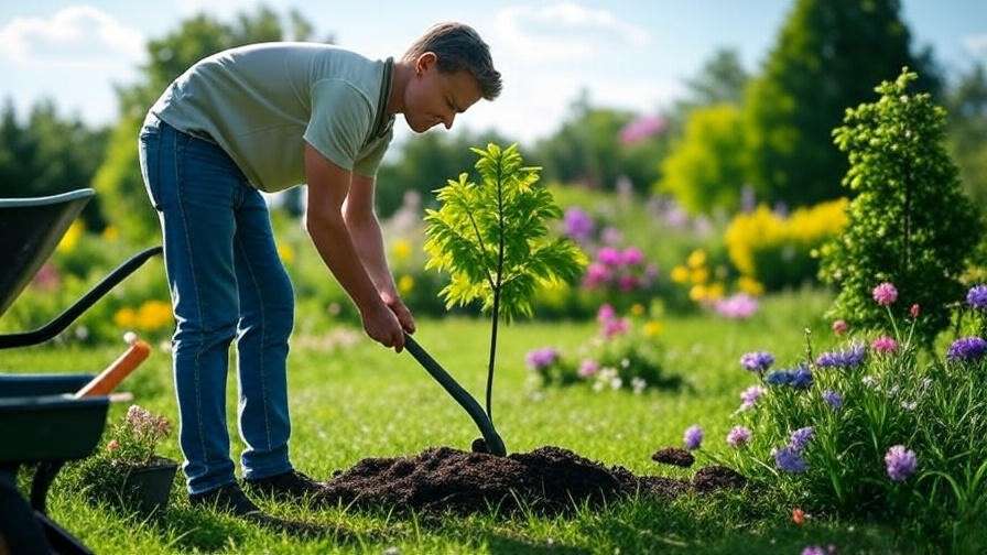 Illustration of planting a green maple tree with steps for digging, root placement, and mulching"