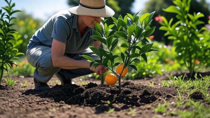 Gardener planting a Hamlin orange tree with compost in a sunny garden".