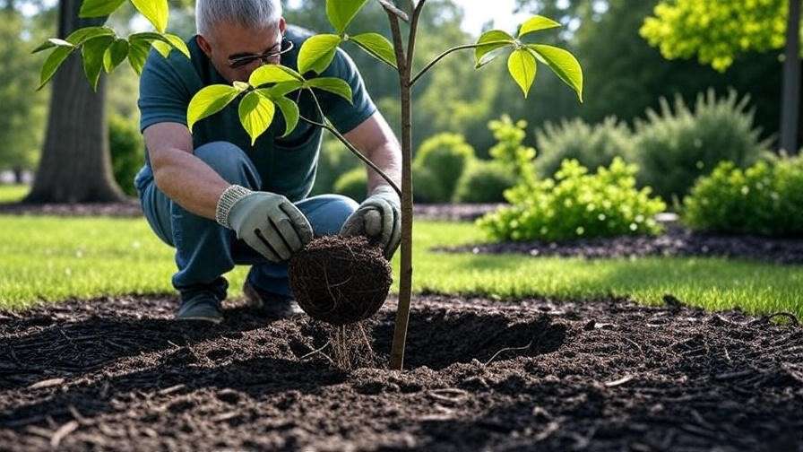 Gardener planting a Legend Dogwood tree with mulch and well-drained soil in a shaded garden."