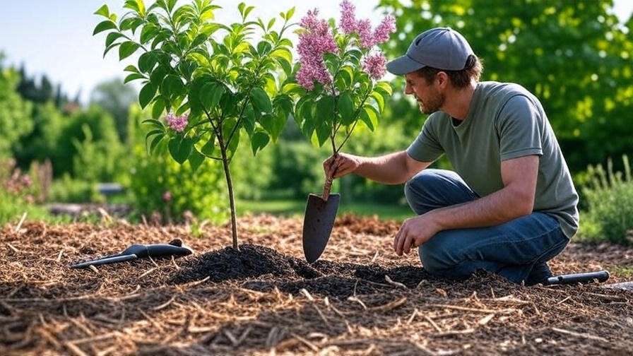 "Step-by-step planting of a lilium tree with a gardener, bulb, compost, and tools in a sunny garden."