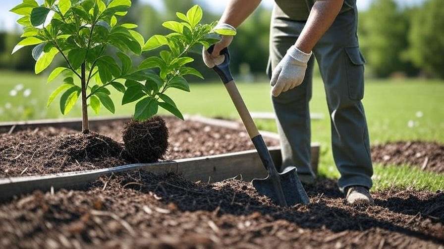 Person planting a McKinley tree with shovel, root ball, compost, and mulch in a sunny garden."