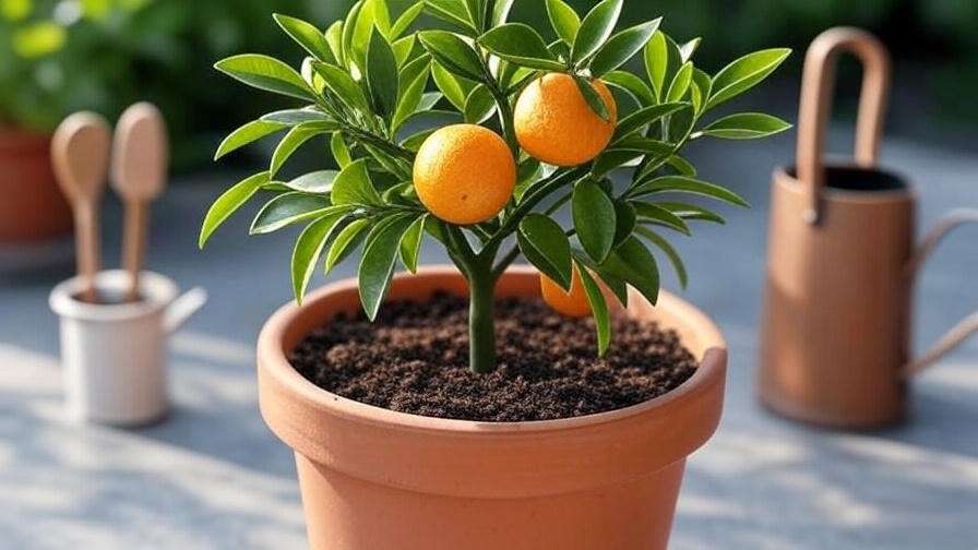 Close-up of a healthy miniature orange tree in a terracotta pot with ripe oranges and gardening tools."