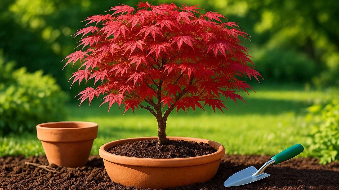 Miniature red maple tree planted in a pot with soil and gardening tools."