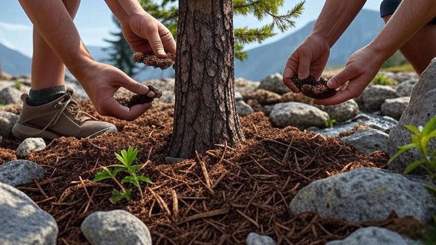 Hands planting a mountain tree with soil and mulch in rocky alpine terrain".