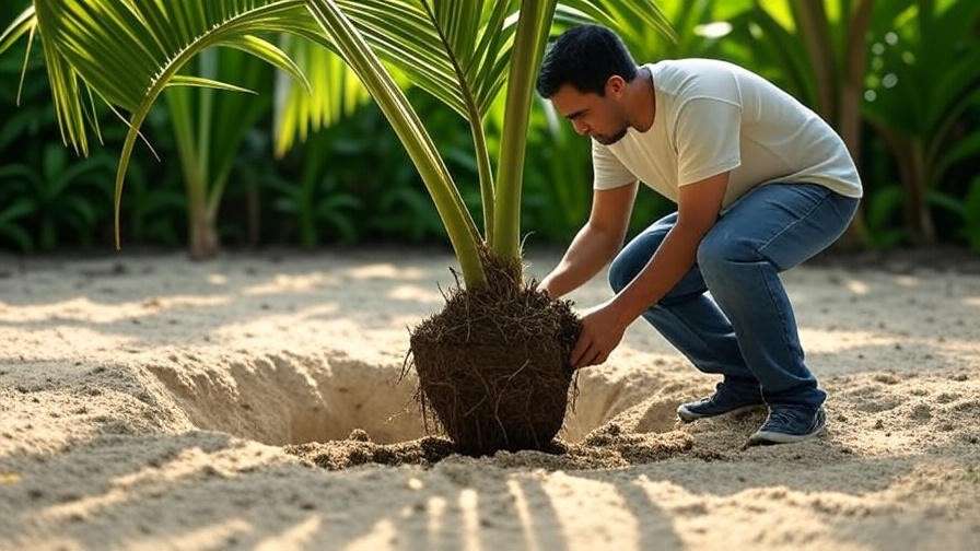Step-by-step palm tree planting in sandy Miami soil with mulch