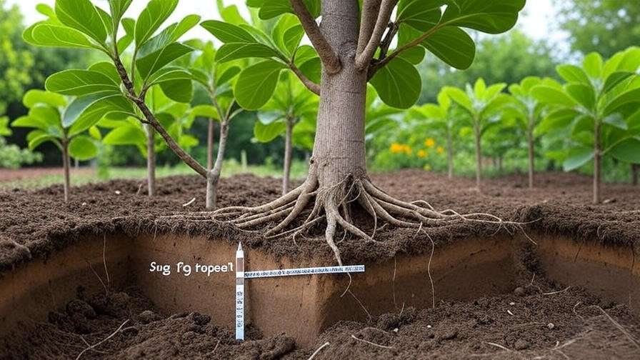 Diagram of proper planting depth and spacing for a Panache fig tree in a garden".