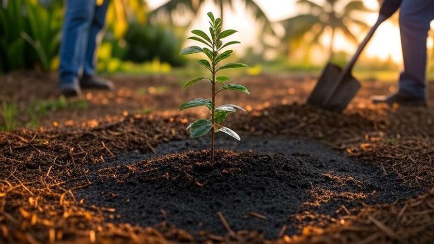 Gardener planting a parota tree sapling with mulch in a tropical garden at sunrise".
