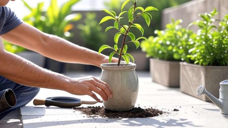 Step-by-step planting of a patio peach tree in a container with soil, watering, and gardening tools.