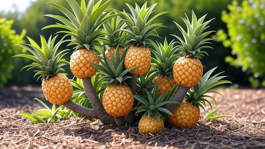 Thriving pineapple pear tree with golden fruit and mulch in a sunny garden."