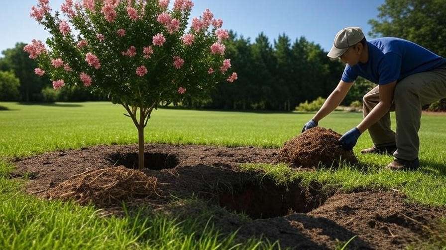 Step-by-step planting process of a pink crape myrtle tree in a sunny garden
