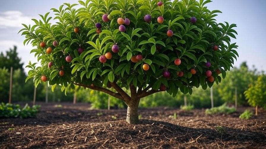 Thriving pluot tree with ripe colorful fruits in a sunny garden with mulch and well-drained soil."