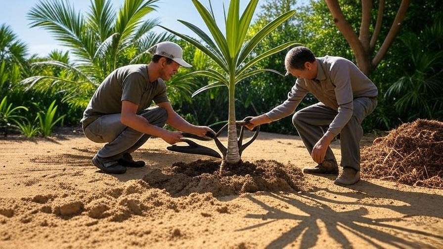 Gardener planting a silver palm tree in sandy soil with mulch and shovel in a tropical garden.'