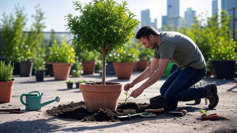 Step-by-step planting of a columnar fruit tree in a pot with gardening tools."