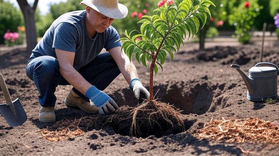 Step-by-step planting of a weeping peach tree with gardener, shovel, and mulch in a sunny garden."