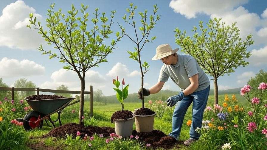 Planting a magnolia tree with compost and a tulip tree sapling with stakes in a garden"