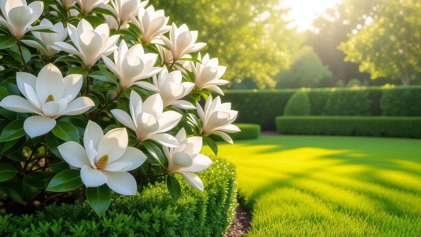 Southern Magnolia tree with large white flowers in a well-maintained garden, trimmed hedges, grassy lawn".