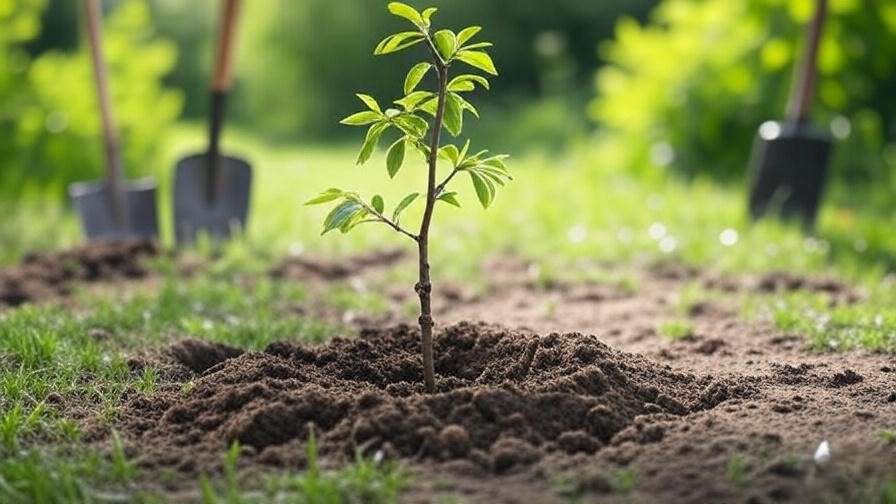 Newly planted cherry tree with graft union above soil and garden tools".