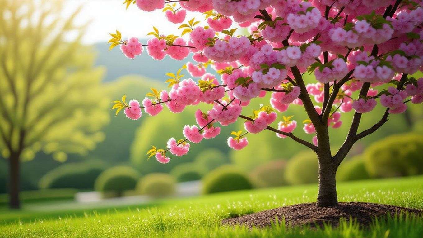 Healthy cherry tree with pink blossoms in a sunny, well-drained garden spot".