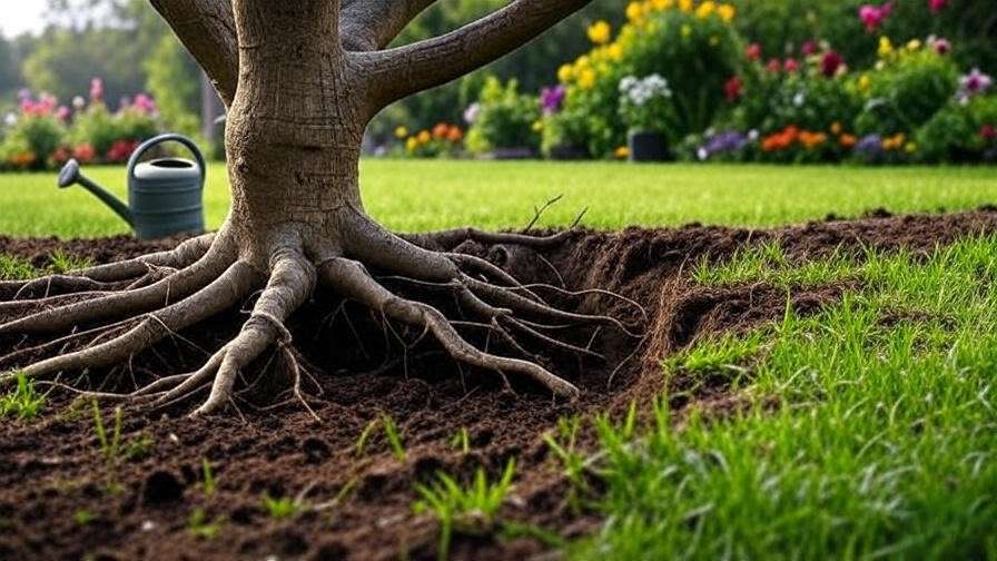 Gardener planting a bare root tree with spread roots and watering can in a colorful garden."