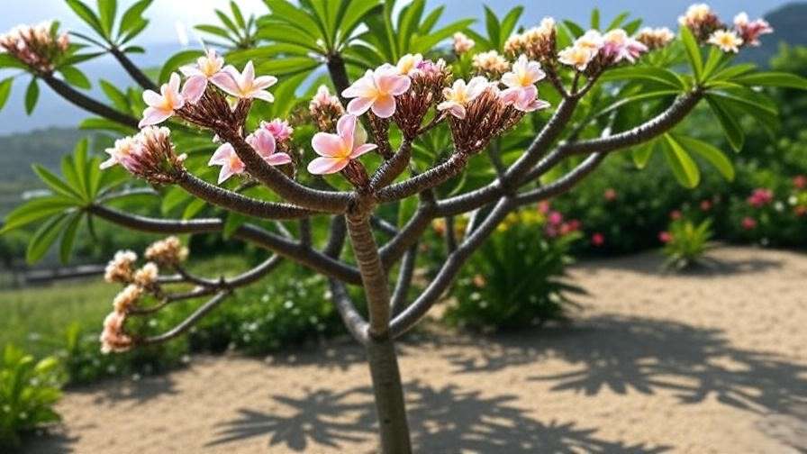 Close-up of Plumeria tree with white, pink, and yellow blooms in a tropical garden