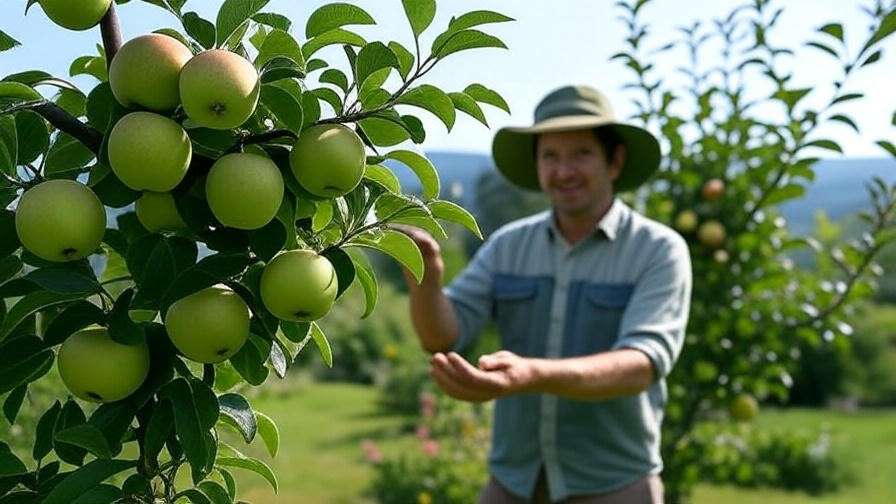 Gardener inspecting ripe Granny Smith apples on tree with pollinator tree and bees in background."