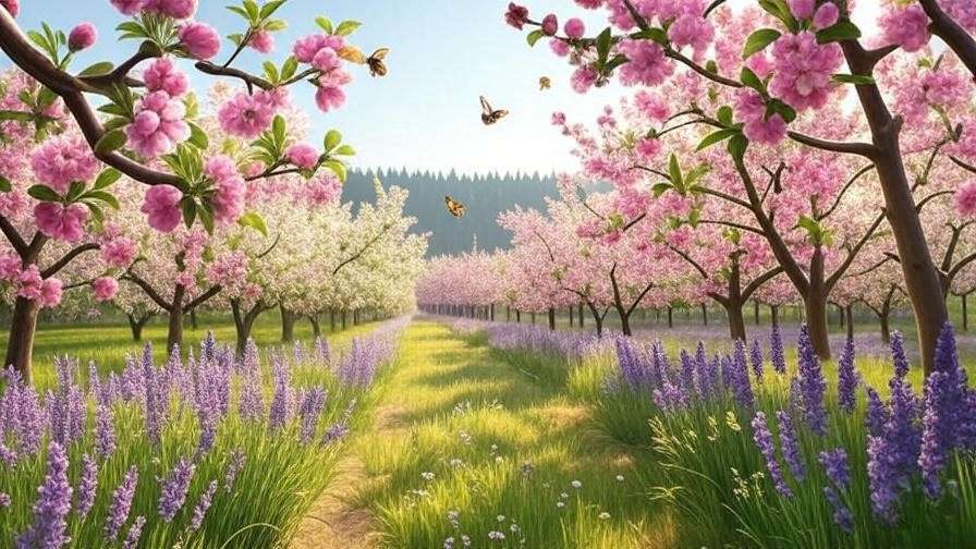 Butterflies and bees pollinating apple tree blossoms with companion plants."